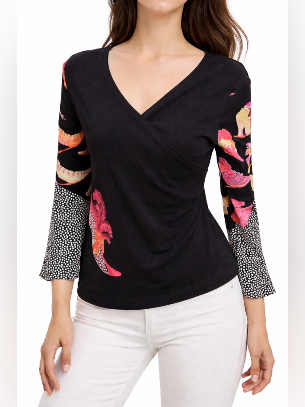 Vintage FLM Limited Black V-Neck Wrap Top w/ Flutter Sleeves & High Heel Graphic